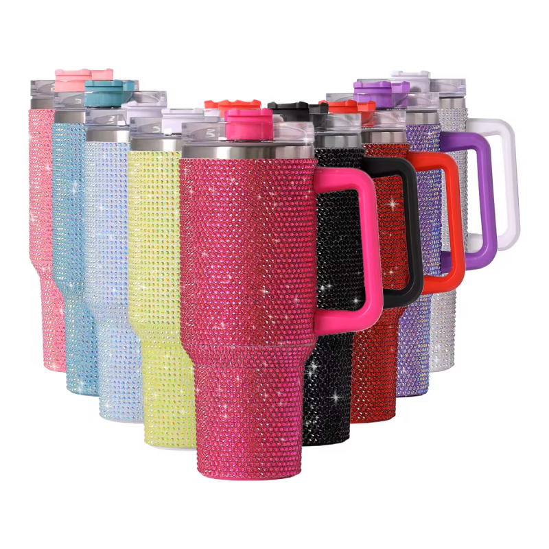 Glitter 40oz Rhinestone Bling Diamond Tumbler with Handle Vacuum Insulated Stainless Steel Bottle Cup with Lid and Straw