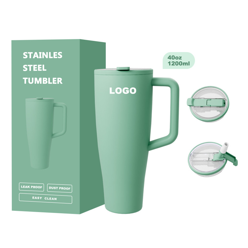 Gobelet isotherme en acier inoxydable 100 % étanche et sans BPA de 40&nbsp;XNUMX ml avec poignée et base adaptée aux pailles, vert, idéal pour les cadeaux