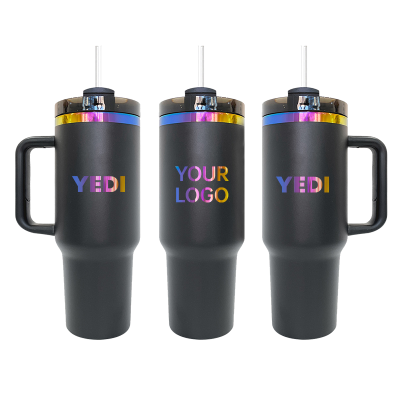 New 40oz Black Chroma Tumbler With Handle and Straw Stainless Steel Travel Mug Powder Coated Rainbow Plated Tumbler