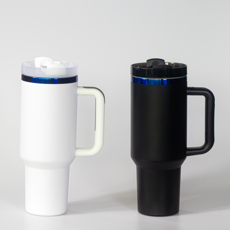 New 40oz Black Chroma Tumbler With Handle and Straw Stainless Steel Travel Mug Powder Coated Rainbow Plated Tumbler