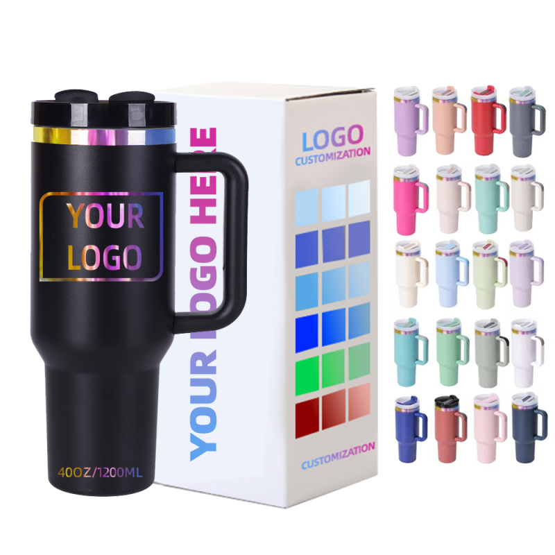 New 40oz Black Chroma Tumbler With Handle and Straw Stainless Steel Travel Mug Powder Coated Rainbow Plated Tumbler