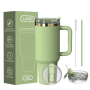 40oz Double Wall Stainless Steel Tumbler with Handle and Straw Insulated Car Mug for Office Use Flat Bottomed Indoor Cup