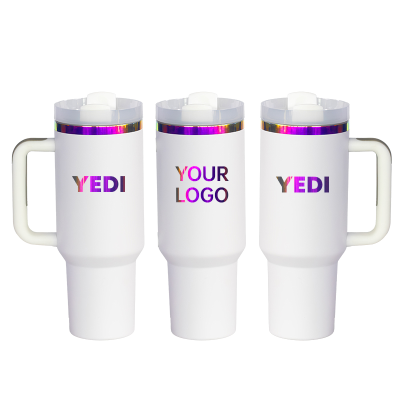 Nouveau gobelet noir de 40 oz avec poignée et paille, tasse de voyage en acier inoxydable avec revêtement en poudre, gobelet plaqué arc-en-ciel