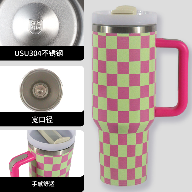 H2.0 Tumbler Coffee Cup Car Mugs with Handle with Straw Lids Stainless Steel Fashion Gift Checkerboard Pattern 40oz