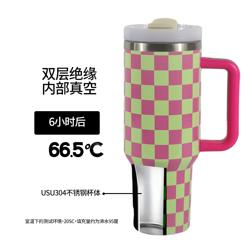 H2.0 Tumbler Coffee Cup Car Mugs with Handle with Straw Lids Stainless Steel Fashion Gift Checkerboard Pattern 40oz