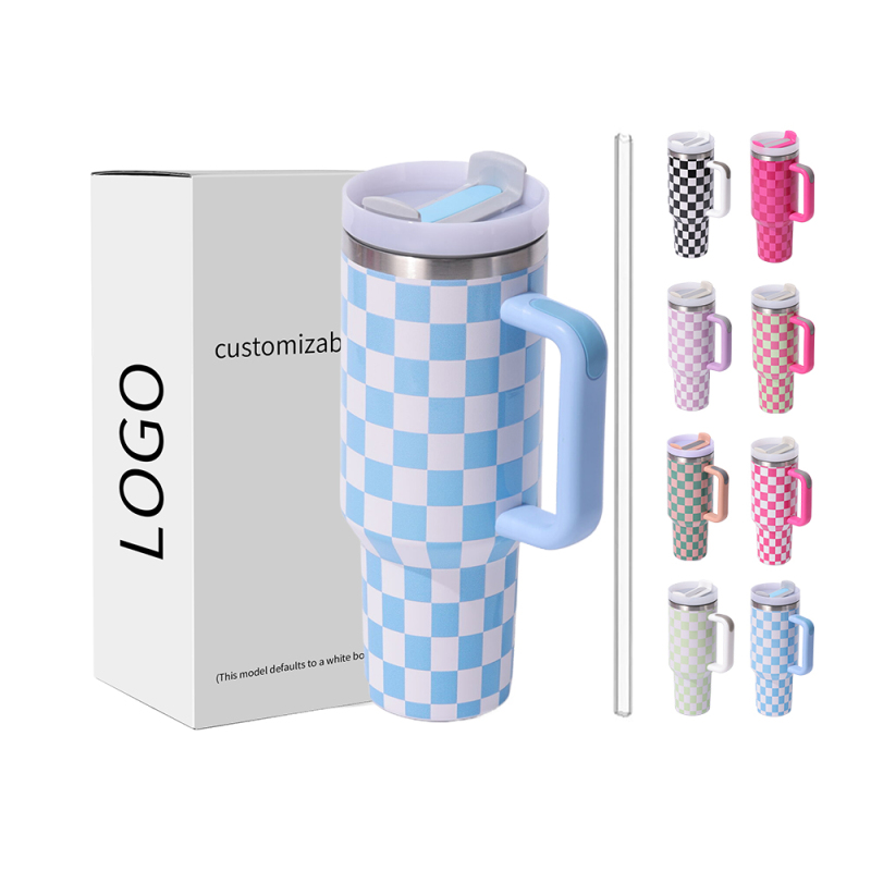 H2.0 Tumbler Coffee Cup Car Mugs with Handle with Straw Lids Stainless Steel Fashion Gift Checkerboard Pattern 40oz