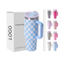 H2.0 Tumbler Coffee Cup Car Mugs with Handle with Straw Lids Stainless Steel Fashion Gift Checkerboard Pattern 40oz