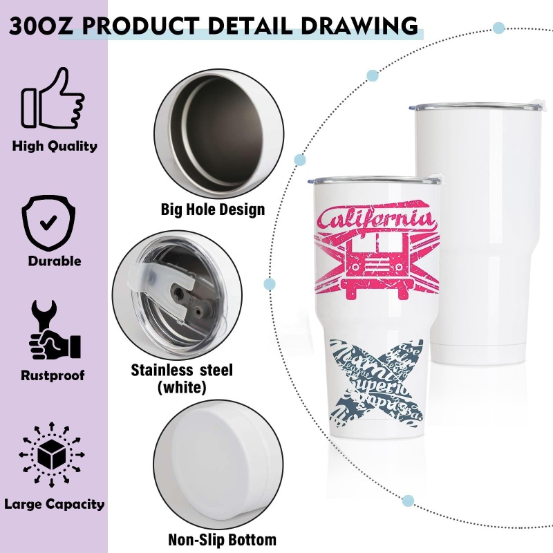 30oz Sublimation Tumbler Stainless Steel Coffee Mugs Double Wall Vacuum Insulated  Splash Proof Lids Travel Cups for DIY Gift