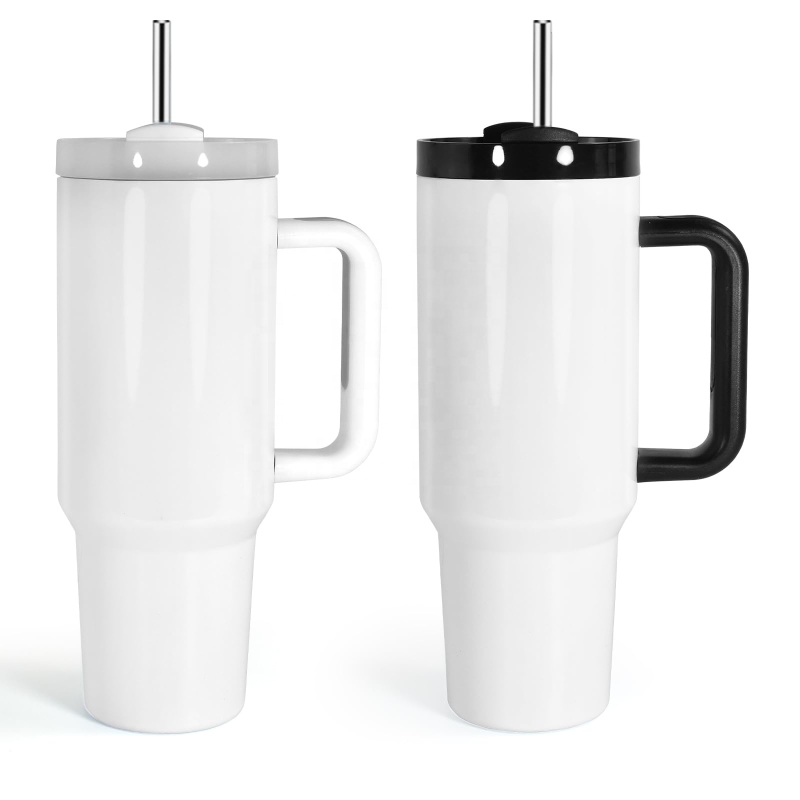 40oz Sublimation White Tumbler with Handle and Stainless Steel Straw Insulated Double Wall Vacuum Reusable Cups with  Lid