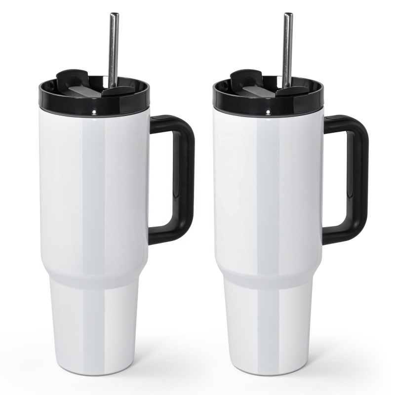 40oz Sublimation White Tumbler with Handle and Stainless Steel Straw Insulated Double Wall Vacuum Reusable Cups with  Lid