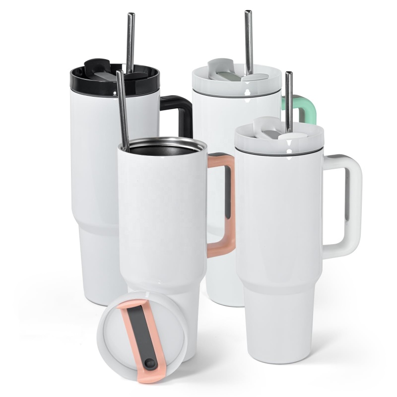 40oz Sublimation White Tumbler with Handle and Stainless Steel Straw Insulated Double Wall Vacuum Reusable Cups with  Lid