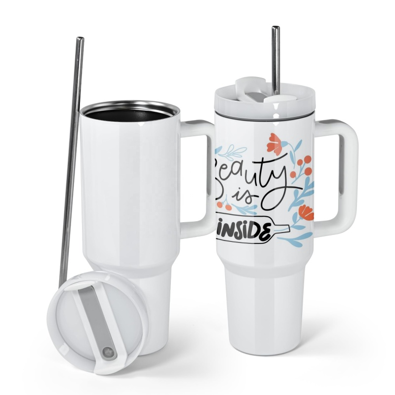 40oz Sublimation White Tumbler with Handle and Stainless Steel Straw Insulated Double Wall Vacuum Reusable Cups with  Lid