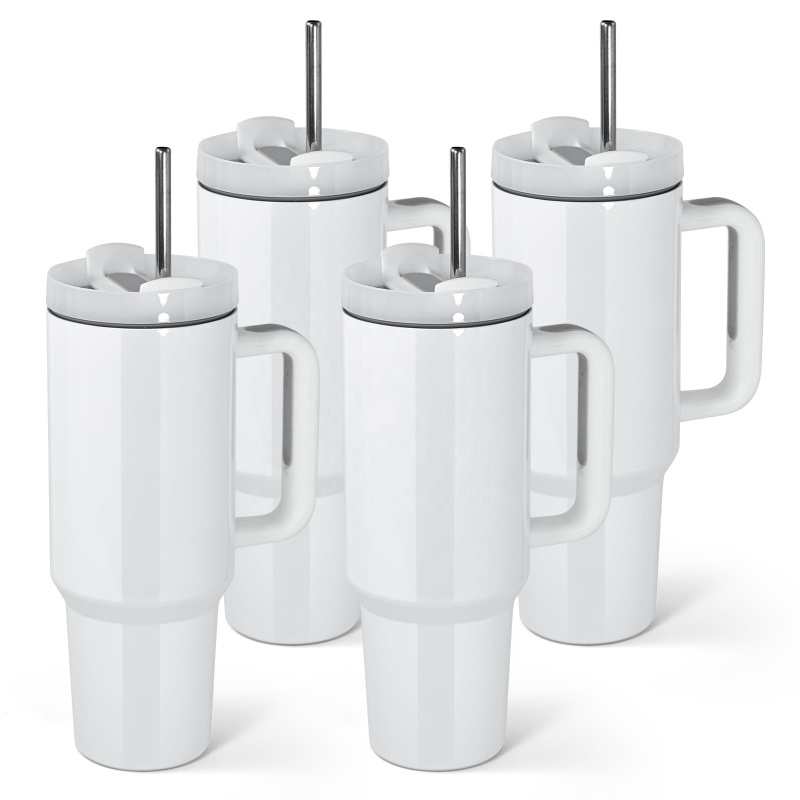 40oz Sublimation White Tumbler with Handle and Stainless Steel Straw Insulated Double Wall Vacuum Reusable Cups with  Lid