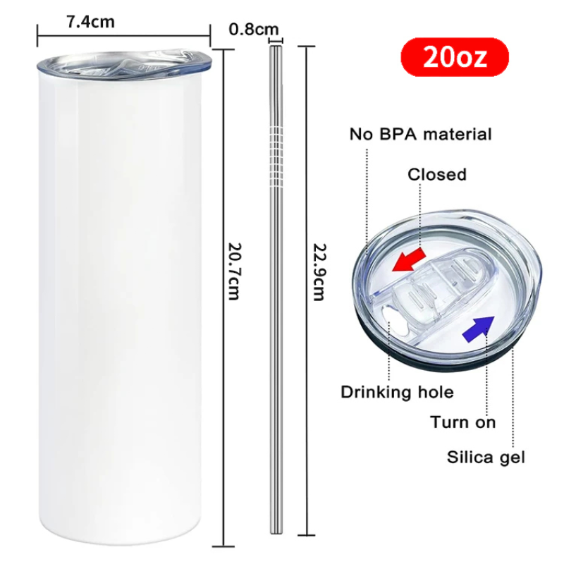 Stainless Steel Double Wall Insulated 20oz Sublimation Tumbler  White Straight Slim 20 oz Sublimation Tumbler Blanks With Straws