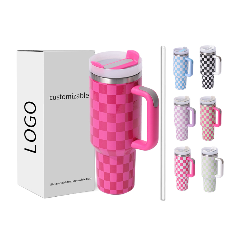 YEDI 40 oz H2.0 Tumbler Checkerboard Pattern Double Wall Vacuum Reusable Stainless Steel Mugs Tumbler with Handle and Straw