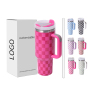 YEDI 40 oz H2.0 Tumbler Checkerboard Pattern Double Wall Vacuum Reusable Stainless Steel Mugs Tumbler with Handle and Straw