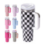 YEDI 40 oz H2.0 Tumbler Checkerboard Pattern Double Wall Vacuum Reusable Stainless Steel Mugs Tumbler with Handle and Straw