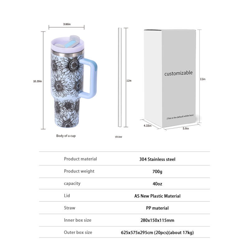 New 40oz H1.0 Tumbler Colors 5d Sunflower Double Wall Vacuum Tumbler with Handle Reusable Stainless Steel Travel Mug