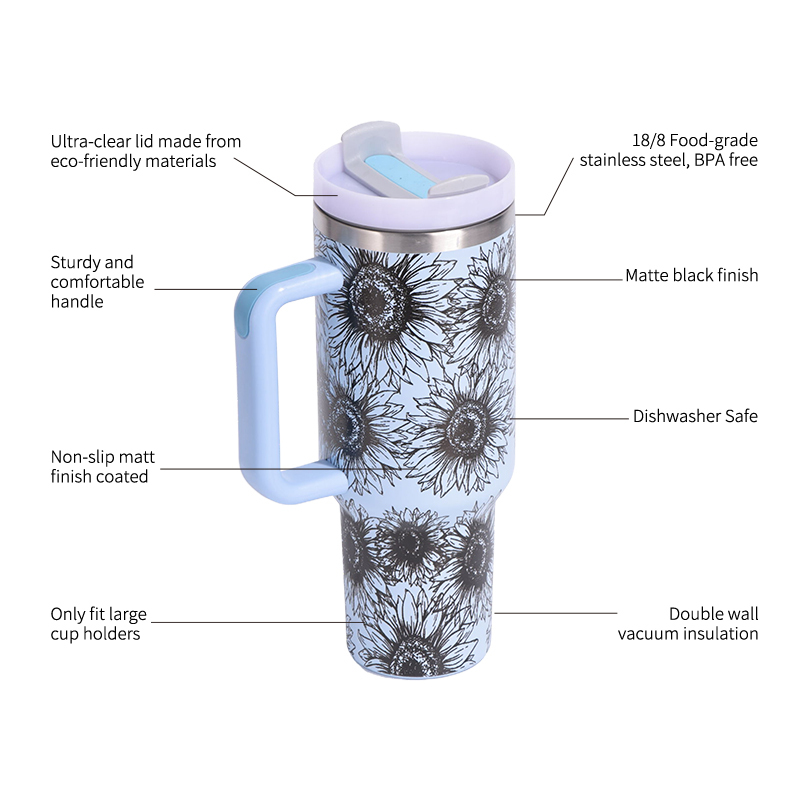 New 40oz H1.0 Tumbler Colors 5d Sunflower Double Wall Vacuum Tumbler with Handle Reusable Stainless Steel Travel Mug