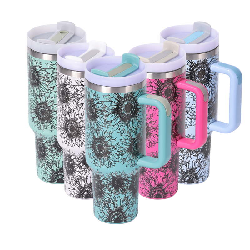 New 40oz H1.0 Tumbler Colors 5d Sunflower Double Wall Vacuum Tumbler with Handle Reusable Stainless Steel Travel Mug