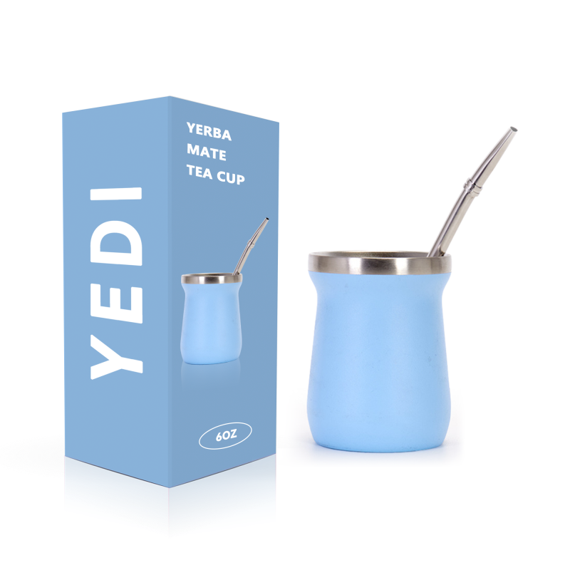 YEDI Yerba Mate Cup Stainless Steel Mate Cup with Bombilla. Double Wall Vacuum Insulated Yerba Mate Gourd 6oz Light Blue