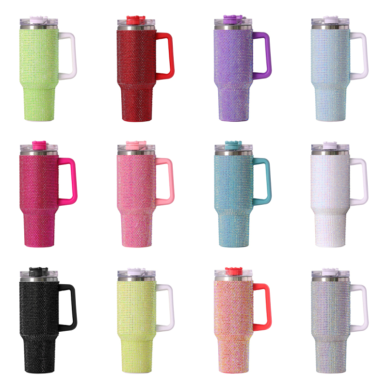 40 oz H2.0 Stick Diamond Tumbler with Handle Stainless Steel Travel Tumbler Reusable Vacuum Insulated Cup Travel  Mug