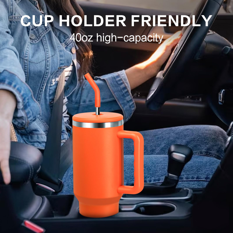 Customizable Logo 40 oz Stainless Steel Travel Mug Blue Tumbler with Handle 2.0 and Straw Lid Laser Engraved 40oz Cup