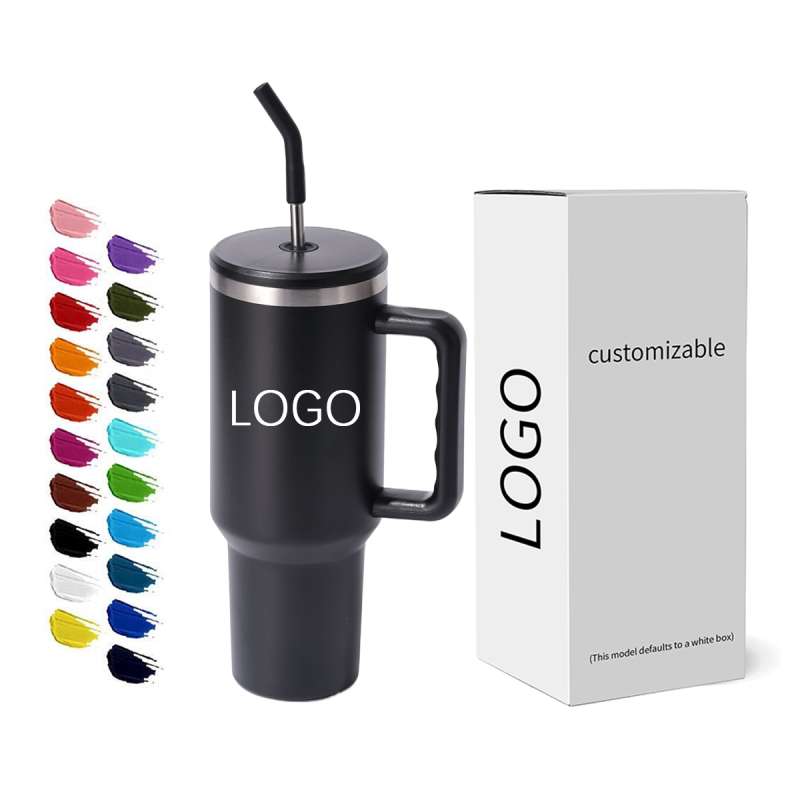 Customizable Logo 40 oz Stainless Steel Travel Mug Blue Tumbler with Handle 2.0 and Straw Lid Laser Engraved 40oz Cup