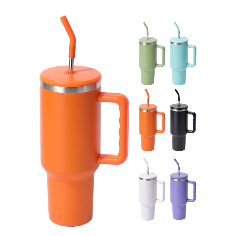 Customizable Logo 40 oz Stainless Steel Travel Mug Blue Tumbler with Handle 2.0 and Straw Lid Laser Engraved 40oz Cup