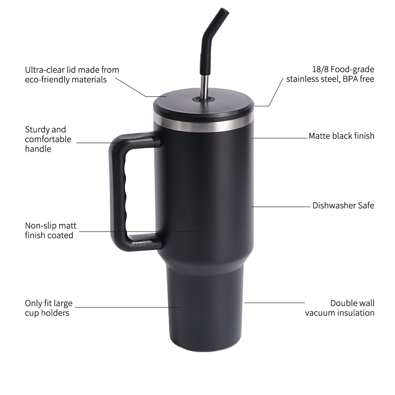 Customizable Logo 40 oz Stainless Steel Travel Mug Blue Tumbler with Handle 2.0 and Straw Lid Laser Engraved 40oz Cup