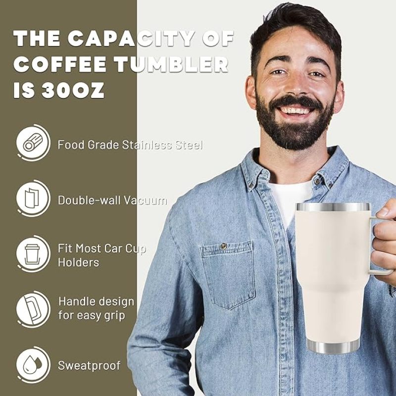 Gobelet crème YEDI de 30 oz avec poignée, tasse de voyage isotherme en acier inoxydable avec couvercle anti-poussière, paille et brosse en métal