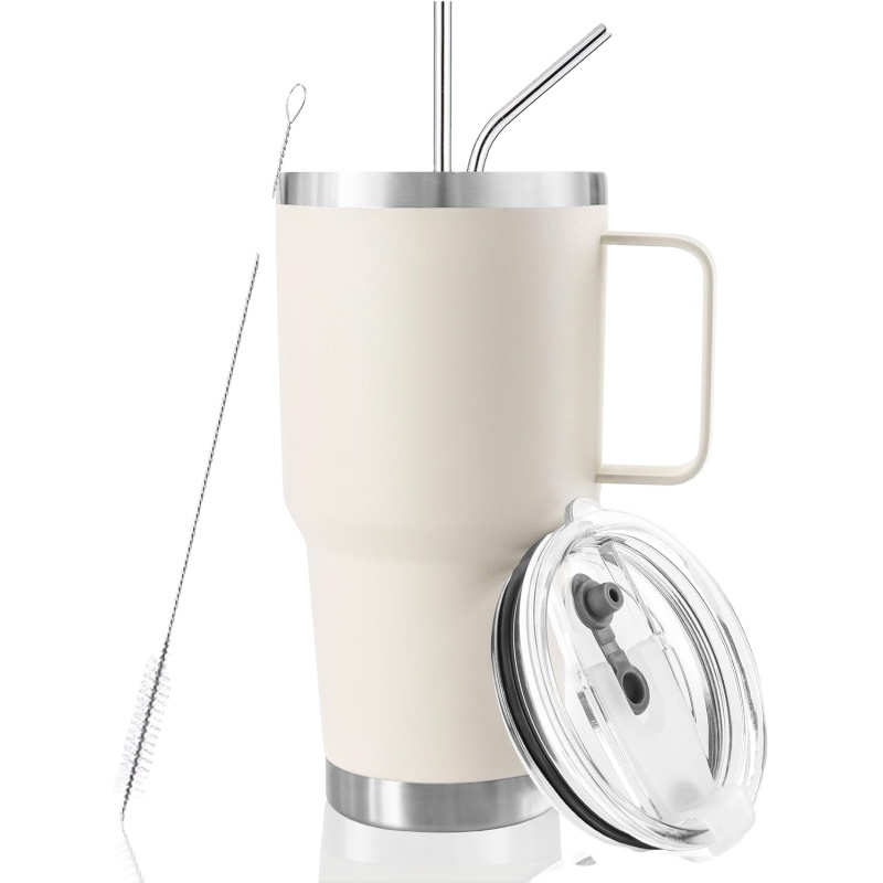 Gobelet crème YEDI de 30 oz avec poignée, tasse de voyage isotherme en acier inoxydable avec couvercle anti-poussière, paille et brosse en métal