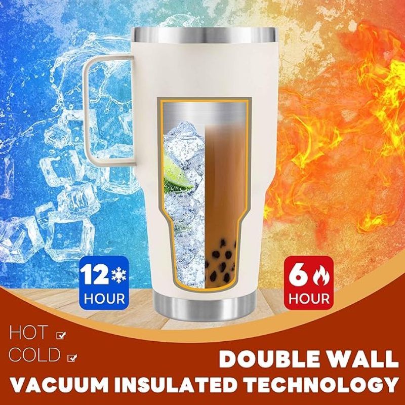 Gobelet crème YEDI de 30 oz avec poignée, tasse de voyage isotherme en acier inoxydable avec couvercle anti-poussière, paille et brosse en métal