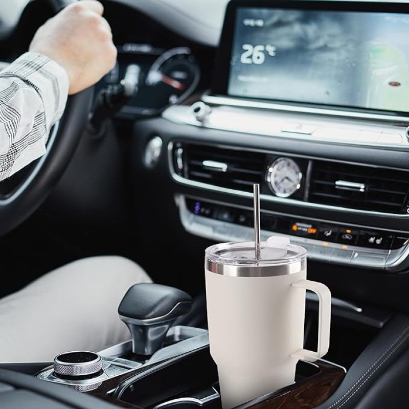Gobelet crème YEDI de 30 oz avec poignée, tasse de voyage isotherme en acier inoxydable avec couvercle anti-poussière, paille et brosse en métal