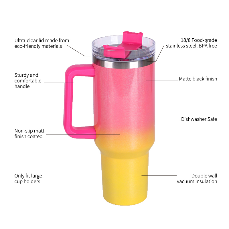 YEDI 40oz H1.0 Tumbler Rainbow Colors Double Wall Vacuum Tumbler with Handle and Straw Reusable Stainless Steel Mugs