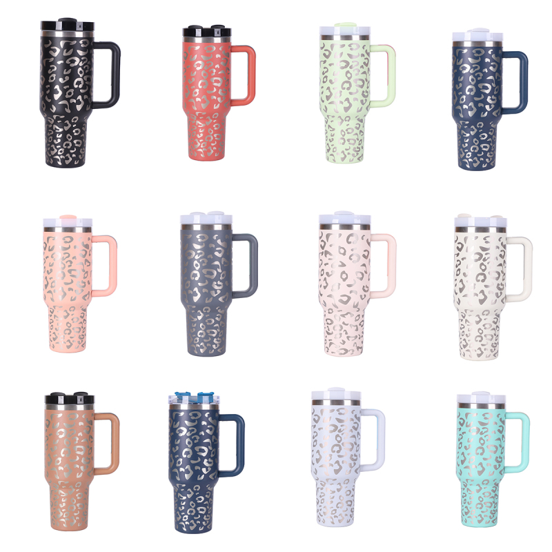 40oz H2.0 Tumbler Leopard Shape Double Wall Vacuum Tumbler with Handle and Straw Reusable Stainless Steel Mugs