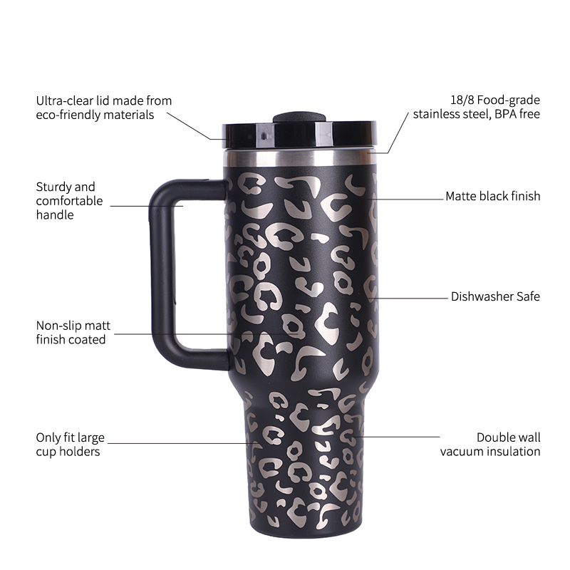 40oz H2.0 Tumbler Leopard Shape Double Wall Vacuum Tumbler with Handle and Straw Reusable Stainless Steel Mugs