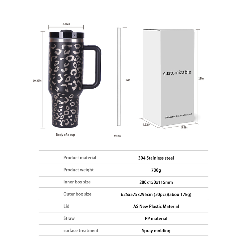 40oz H2.0 Tumbler Leopard Shape Double Wall Vacuum Tumbler with Handle and Straw Reusable Stainless Steel Mugs