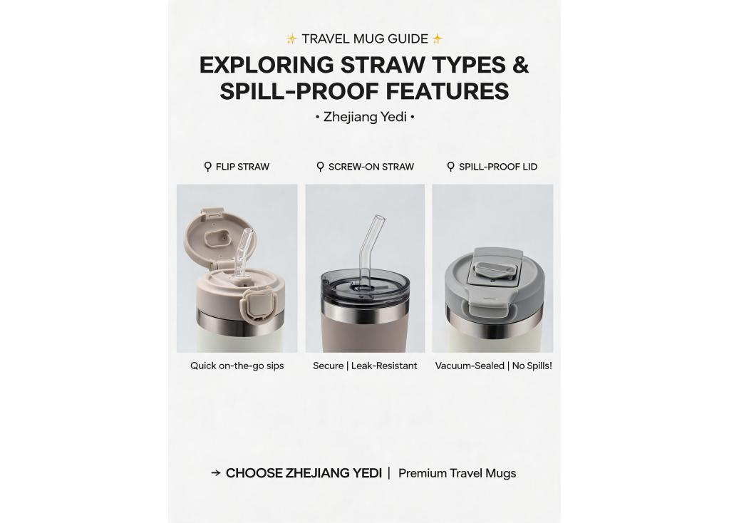 Are there options for different straw types (e.g., flip, screw-on), handle designs, or spill-proof mechanisms in travel mugs?