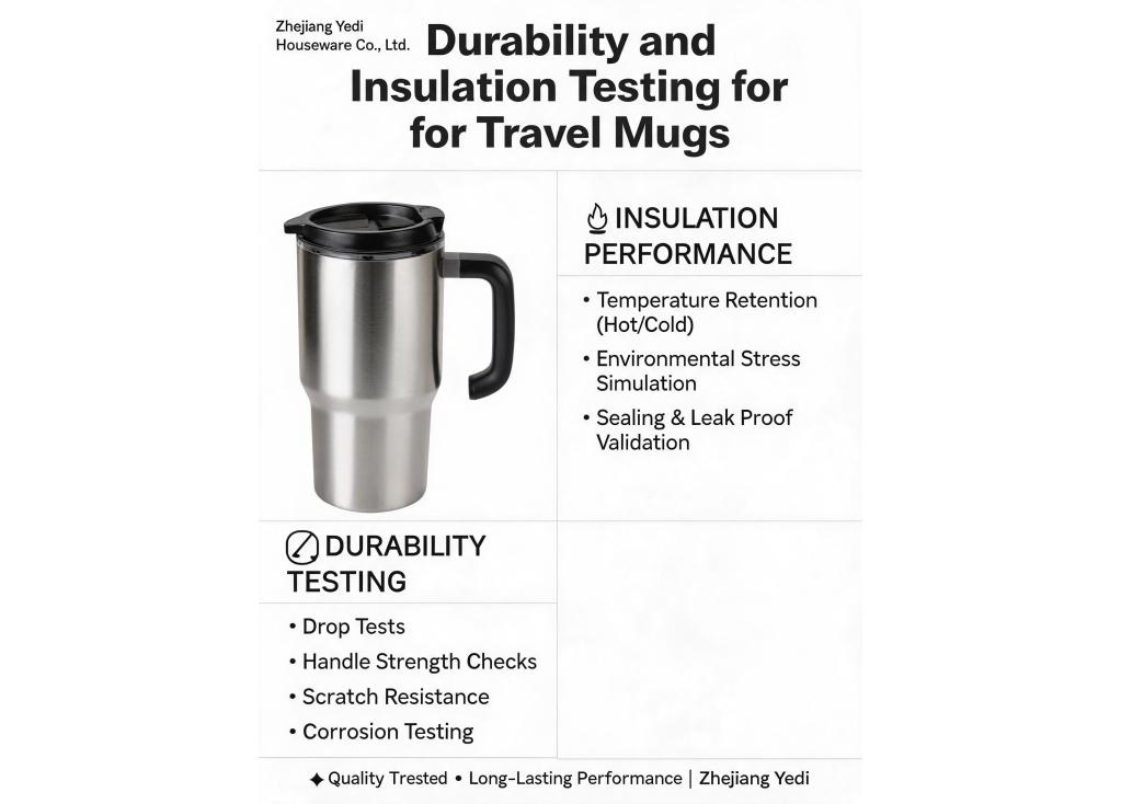 What testing is done to ensure the durability and insulation performance of travel mugs over time?
