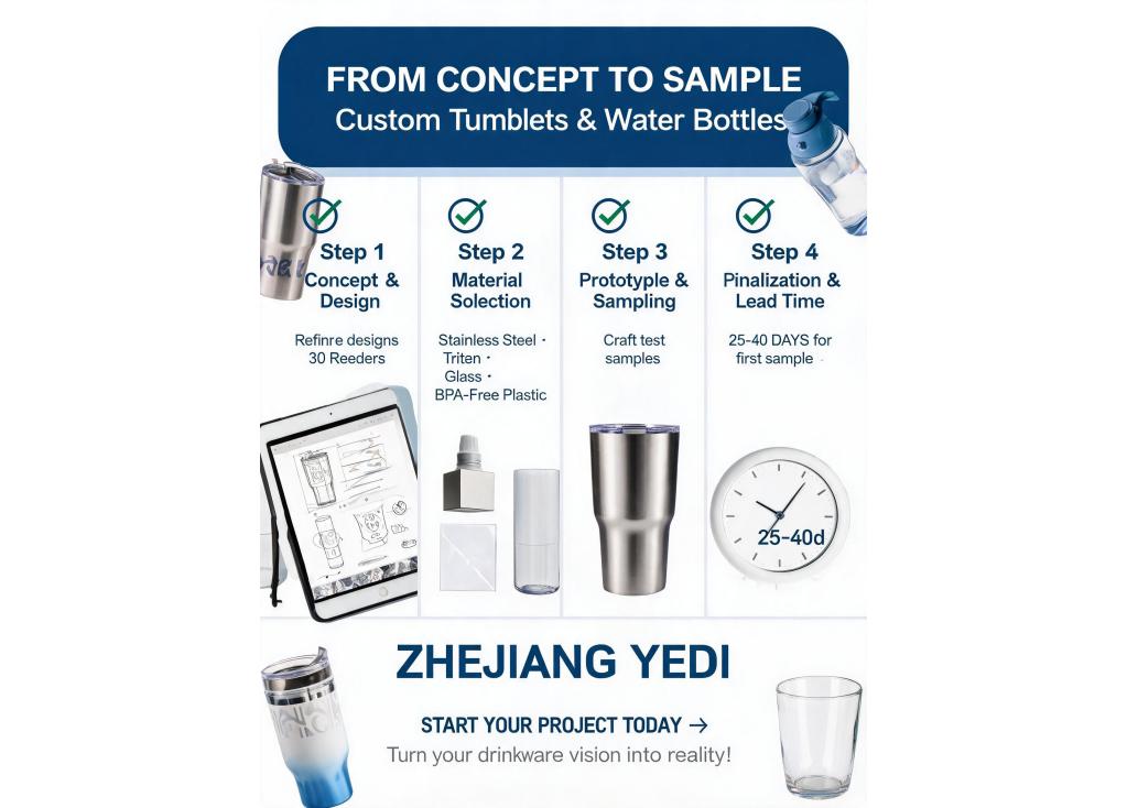What is the process and typical lead time for developing a custom tumbler or water bottle from concept to sample?