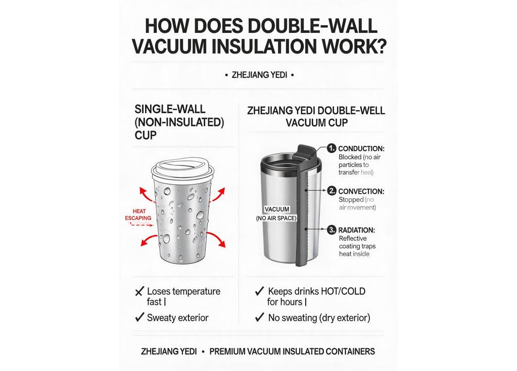 How does the double-wall vacuum insulation technology work to keep beverages hot or cold for extended periods?