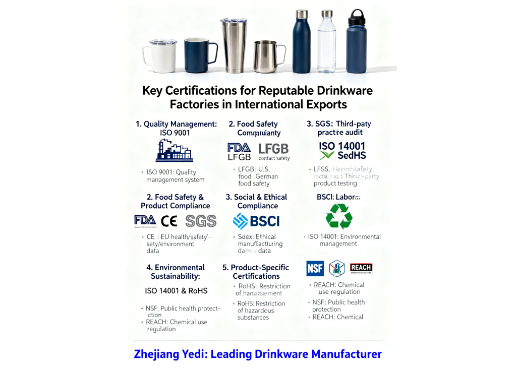 What certifications should a reputable drinkware factory possess for international exports?