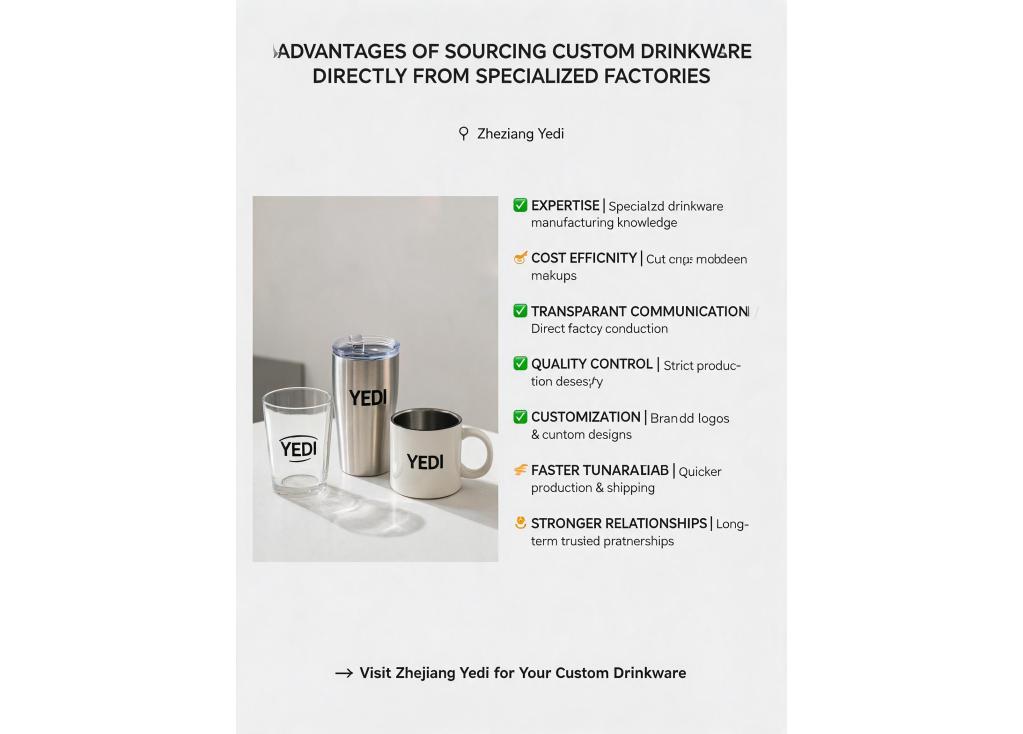 What are the advantages of sourcing custom drinkware directly from a specialized factory versus a trading company?