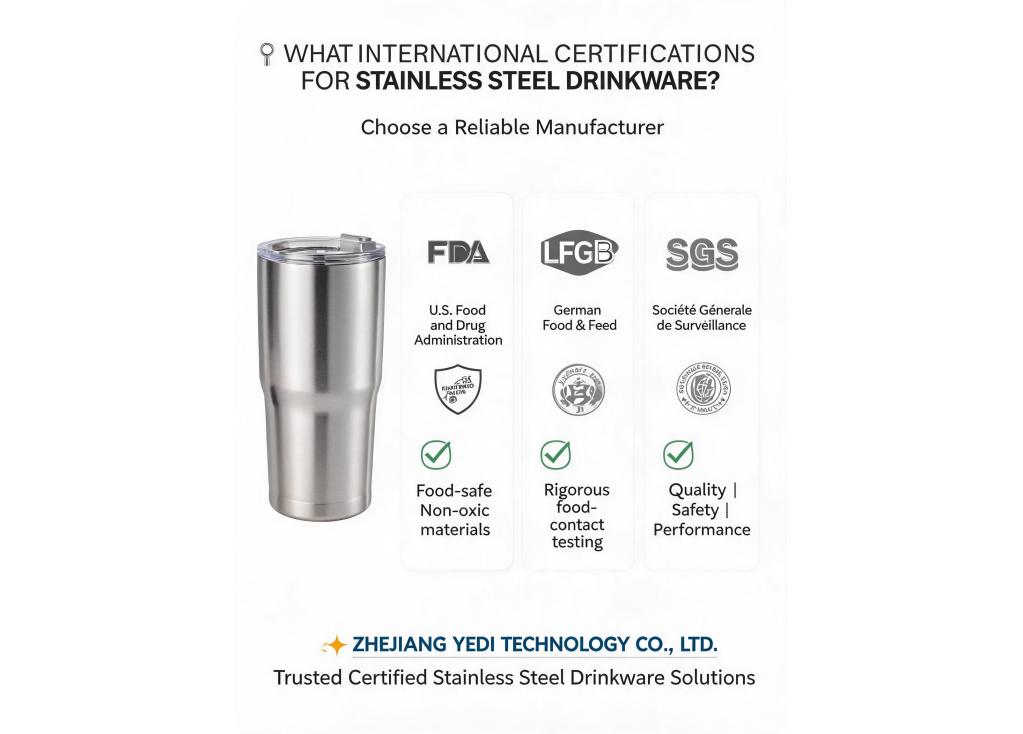 What international certifications (e.g., FDA, LFGB, SGS) should a reliable stainless steel drinkware manufacturer possess?