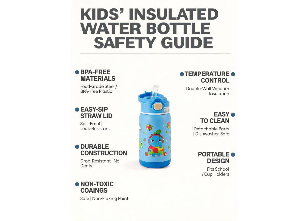 What safety features and designs are important for kids' insulated water bottles (e.g., BPA-free, easy-sip lids)?