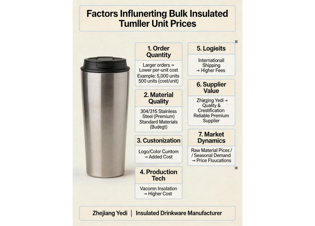 What factors influence the unit price of bulk insulated tumblers the most?