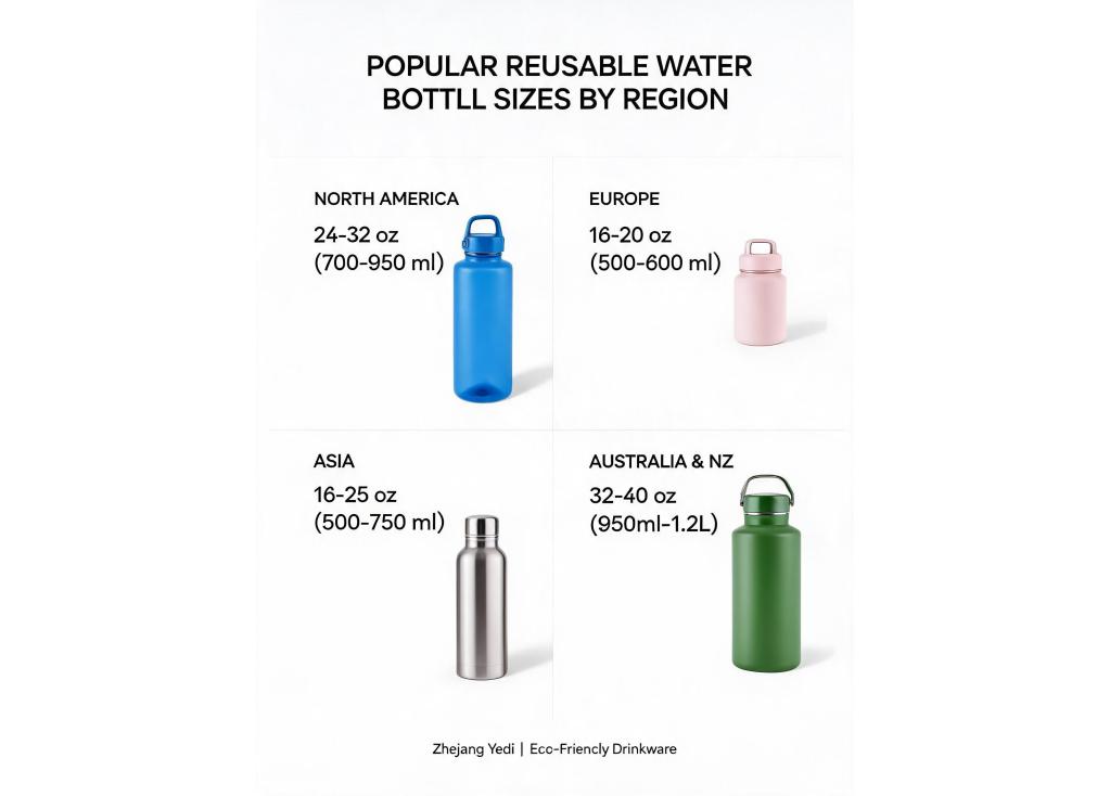 Which size capacities are most popular for reusable water bottles in different regions?