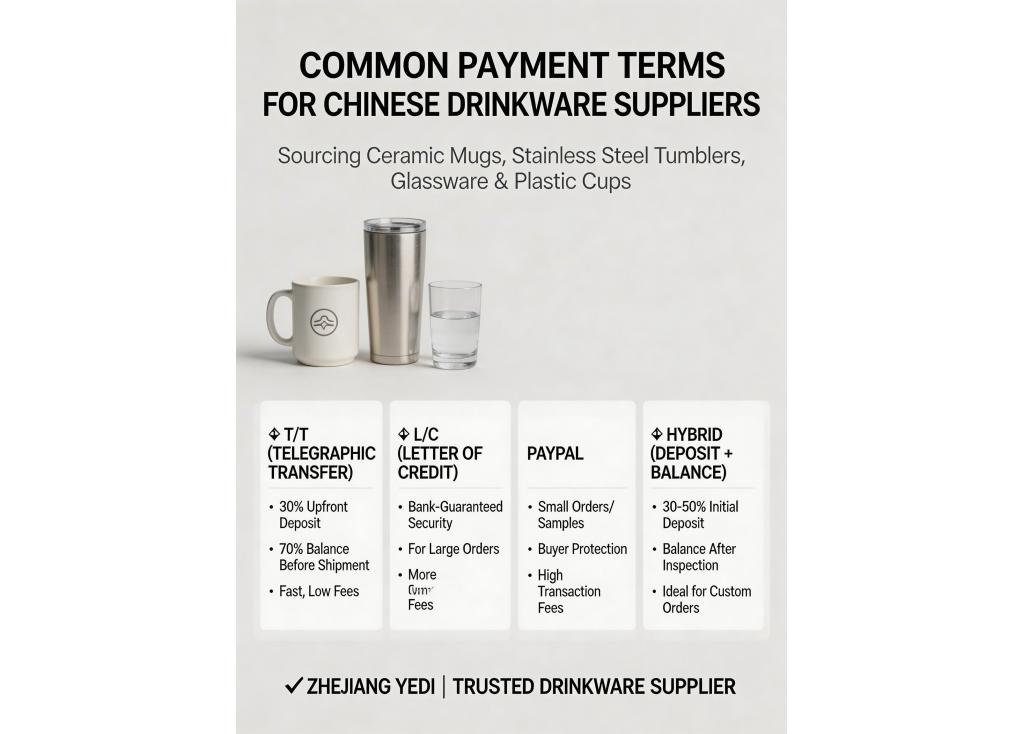 What are the common payment terms when working with Chinese drinkware suppliers?