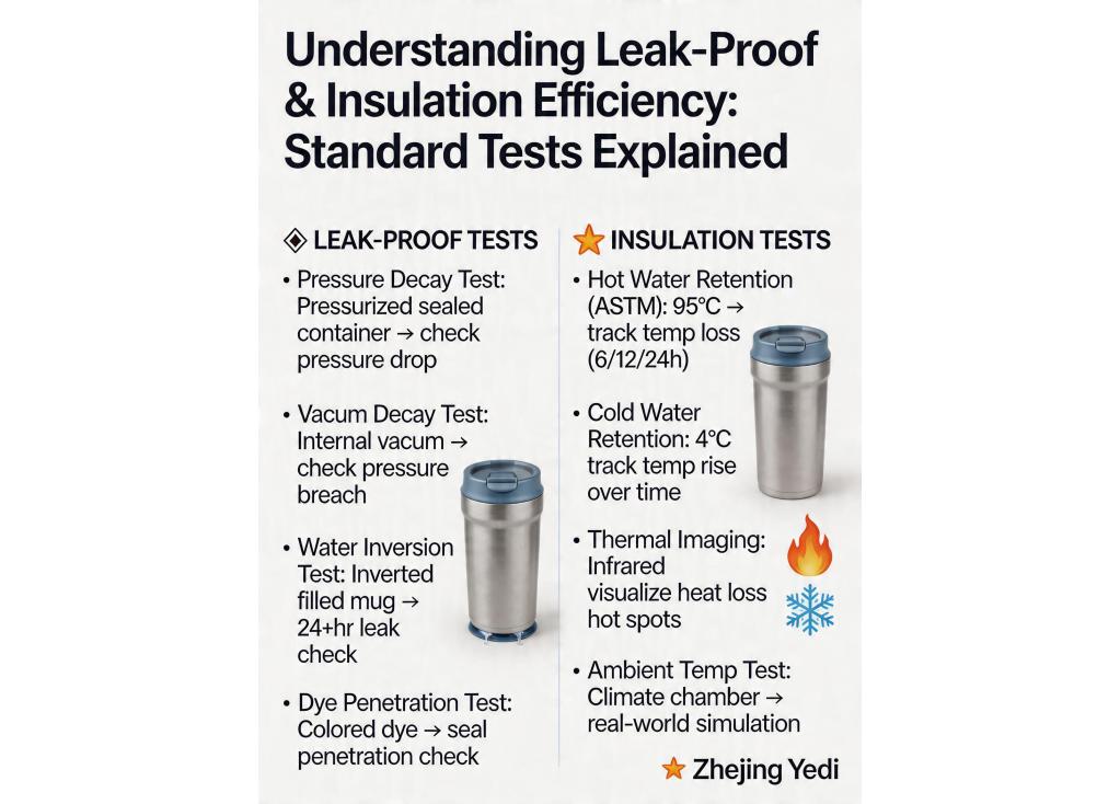 What are the standard tests for leak-proof performance and insulation efficiency?